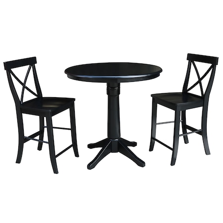 International Concepts Round 36 in Rd Pedestal Gathering Ht Table, 2 X-Back Counter Ht Stools, Black, 36 W, 36 L, 35.9 in H K46-36RT-27B-S6132-2